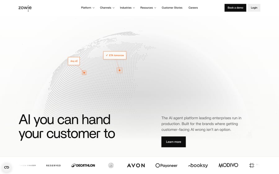 Zowie's homepage hero reading "AI you can hand your customer to", with a customer logo strip including Decathlon, Avon