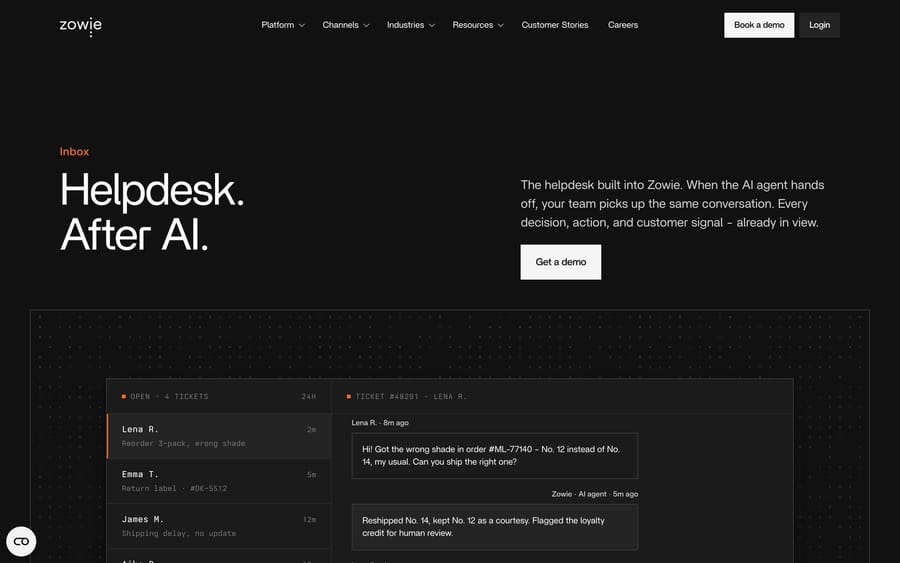 Zowie Inbox page headed "Helpdesk. After AI