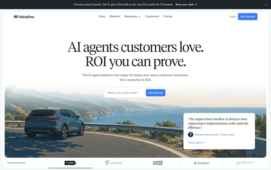 Voiceflow's homepage with the headline AI agents customers love, ROI you can prove