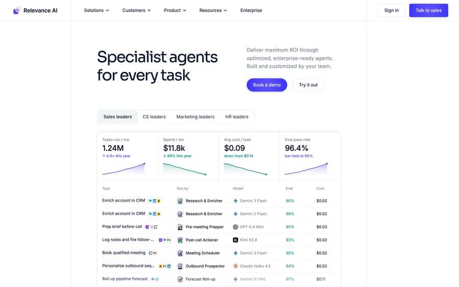 Relevance AI homepage with the headline Specialist agents for every task and a table of sales agent runs showing model