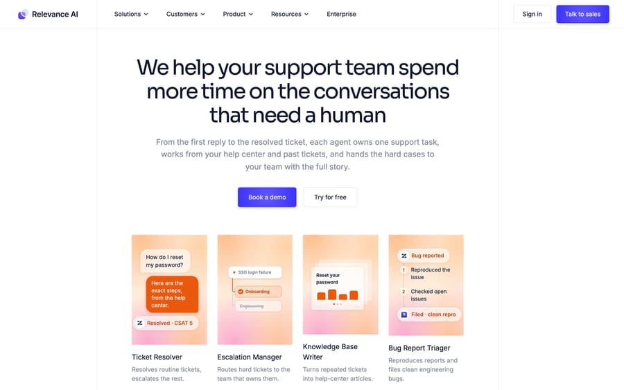 Relevance AI customer support use case page showing Ticket Resolver, Escalation Manager