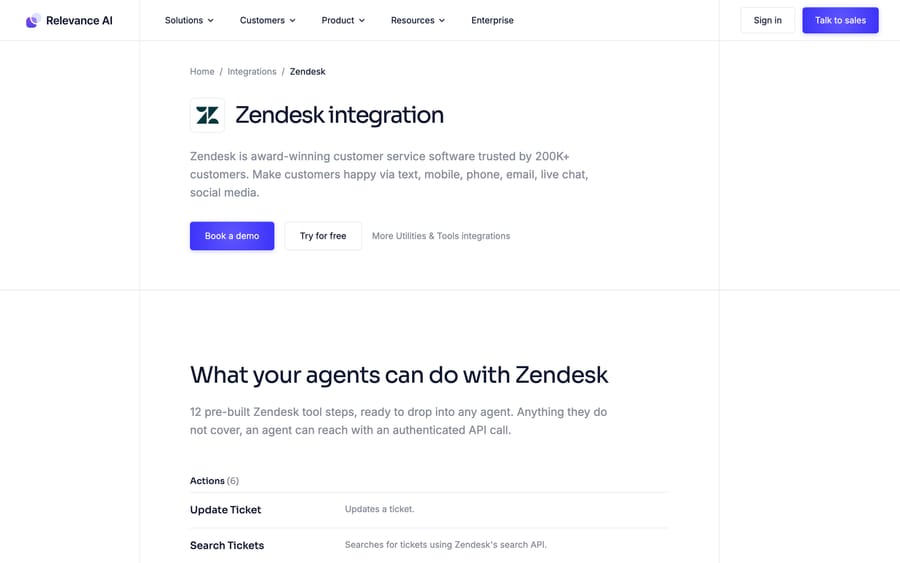Relevance AI Zendesk integration page listing 12 pre-built tool steps