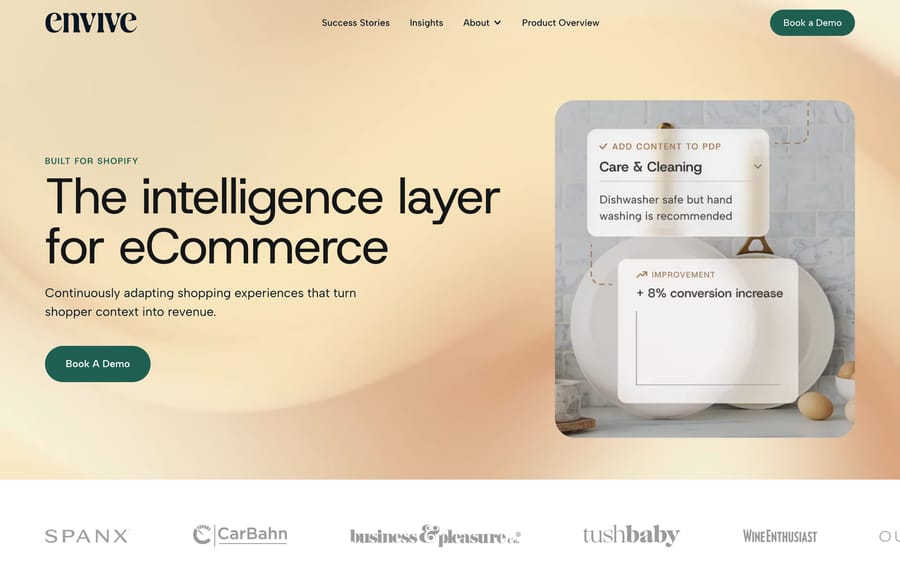 Envive's homepage, headlined "The intelligence layer for eCommerce," with customer logos for Spanx, CarBahn