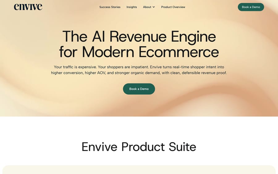 Envive's product page, headlined "The AI Revenue Engine for Modern Ecommerce," leading into the Envive Product Suite section.