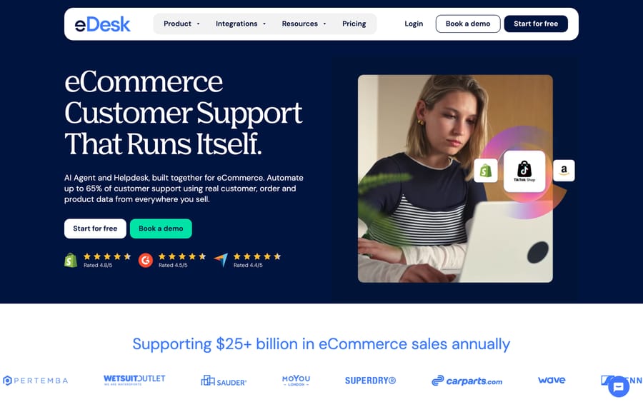 eDesk's homepage, pitching "eCommerce Customer Support That Runs Itself" with its AI Agent automating up to 65% of support.