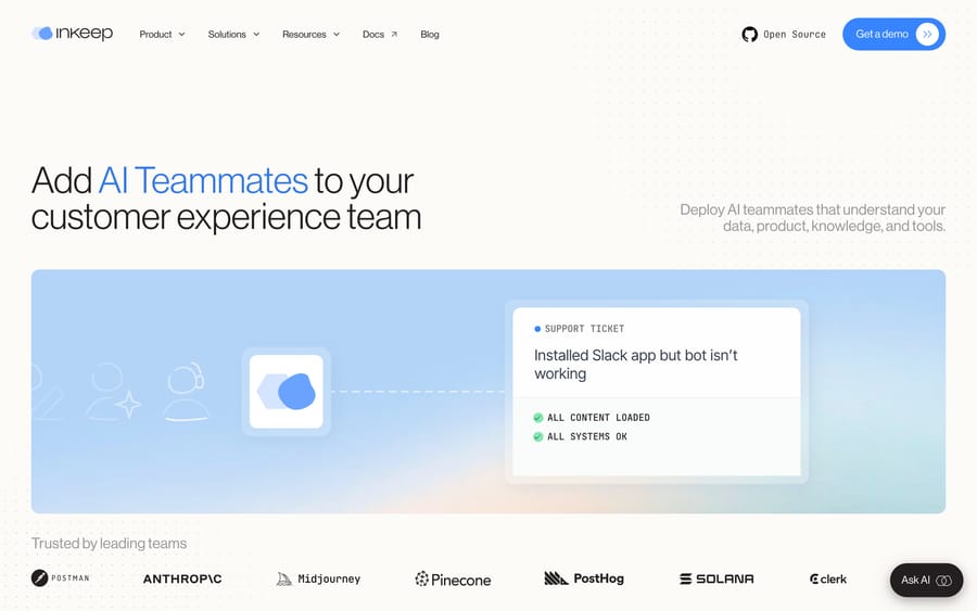 Inkeep's homepage, pitching AI Teammates for customer experience teams.