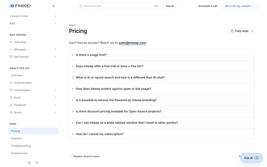 Inkeep's pricing FAQ, confirming plans are custom-quoted rather than listed.