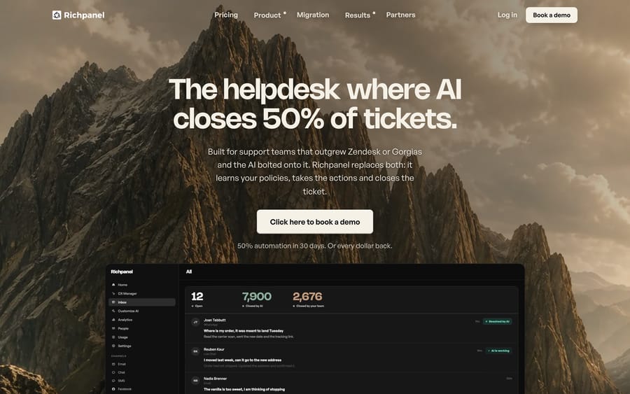 Richpanel's homepage, positioning itself as the AI-native helpdesk with a 50%-automation guarantee.
