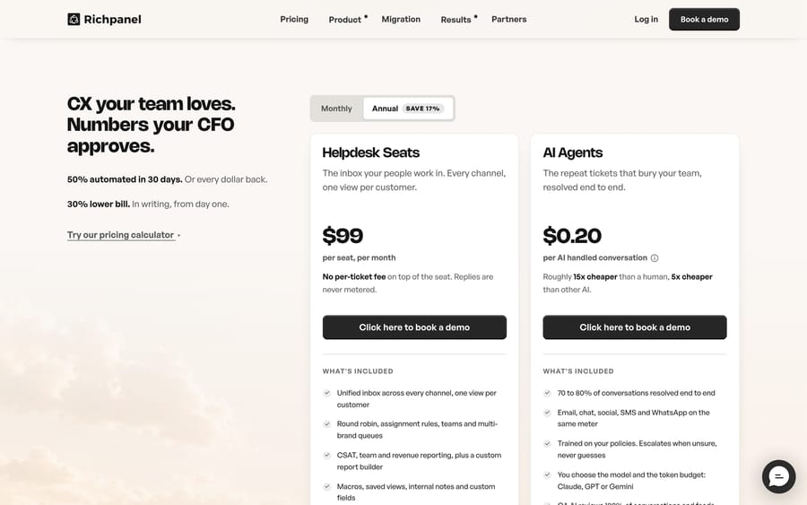Richpanel's pricing page, showing the $99 per-seat helpdesk fee and $0.20-per-conversation AI Agent pricing.