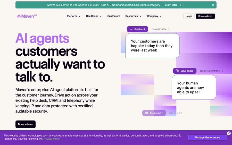 Maven AGI's homepage, positioned as an enterprise AI agent platform for the full customer journey.