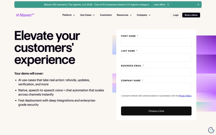 The URL mavenagi.com/pricing renders a demo-booking form asking for name, business email, and company name, not a price list.