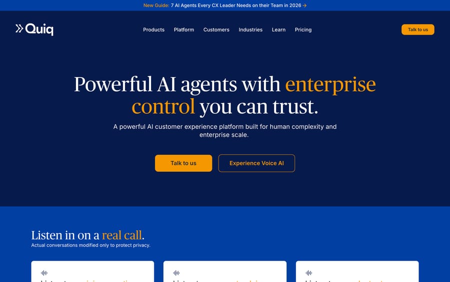 Quiq's homepage, positioning itself as an agentic AI platform for the enterprise.