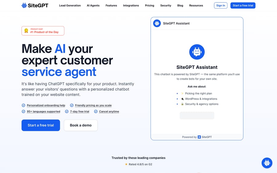SiteGPT homepage with its "expert customer service agent" headline and live chat widget demo.