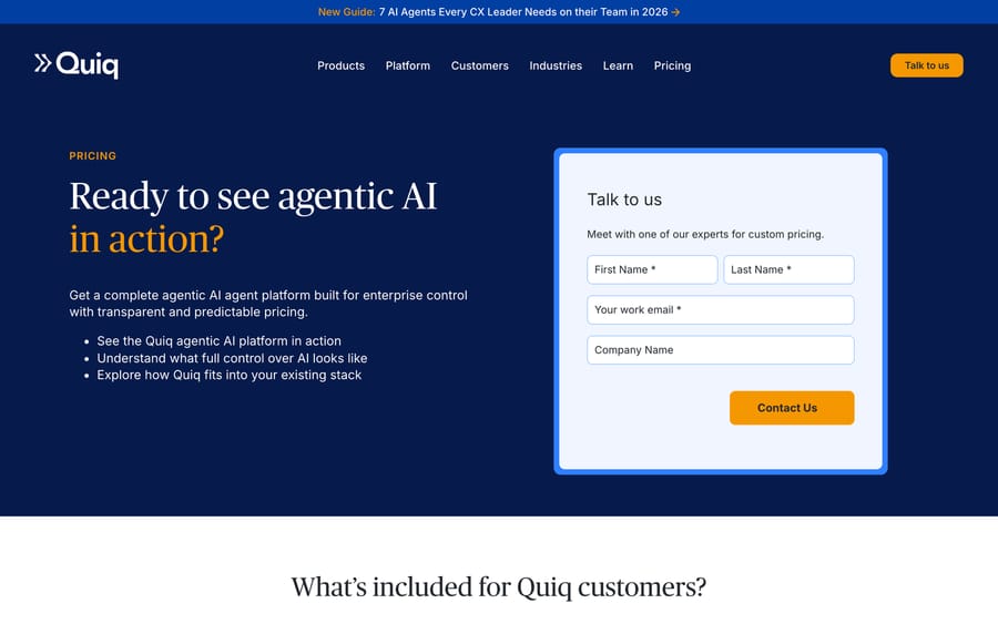 Quiq's pricing page, which has no listed prices and routes every visitor to a "Talk to us" contact form for a custom quote.