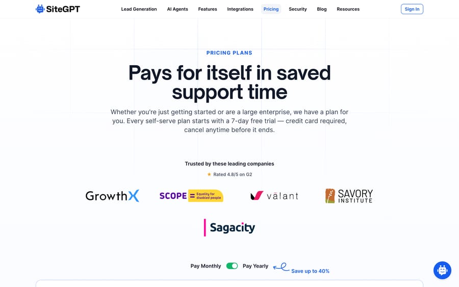 SiteGPT pricing page with plan tiers, customer logos, and the monthly/yearly toggle.