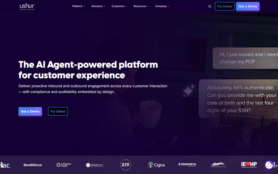 Ushur's homepage, positioning the platform around compliance and auditability in customer engagement.