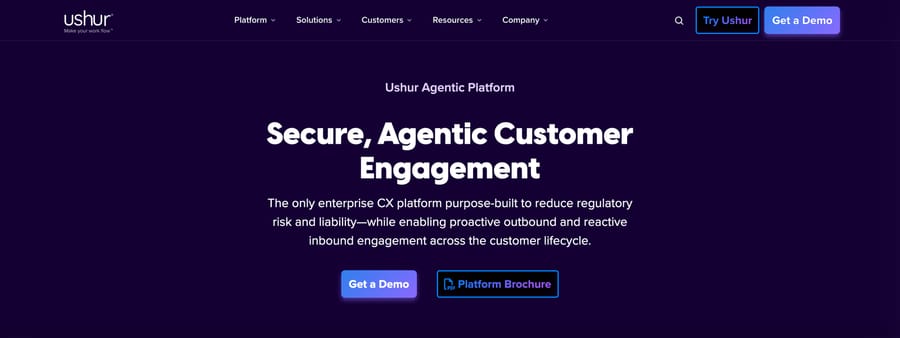 Ushur's platform page, describing the Agentic Platform as built to reduce regulatory risk.