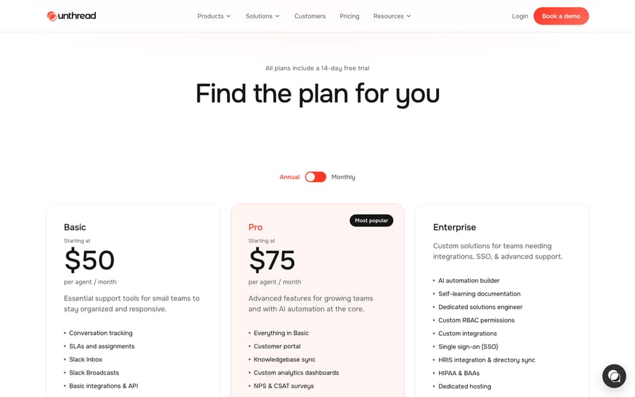 Unthread's pricing page, showing Basic at $50/agent/month and Pro at $75/agent/month, plus a custom Enterprise tier.
