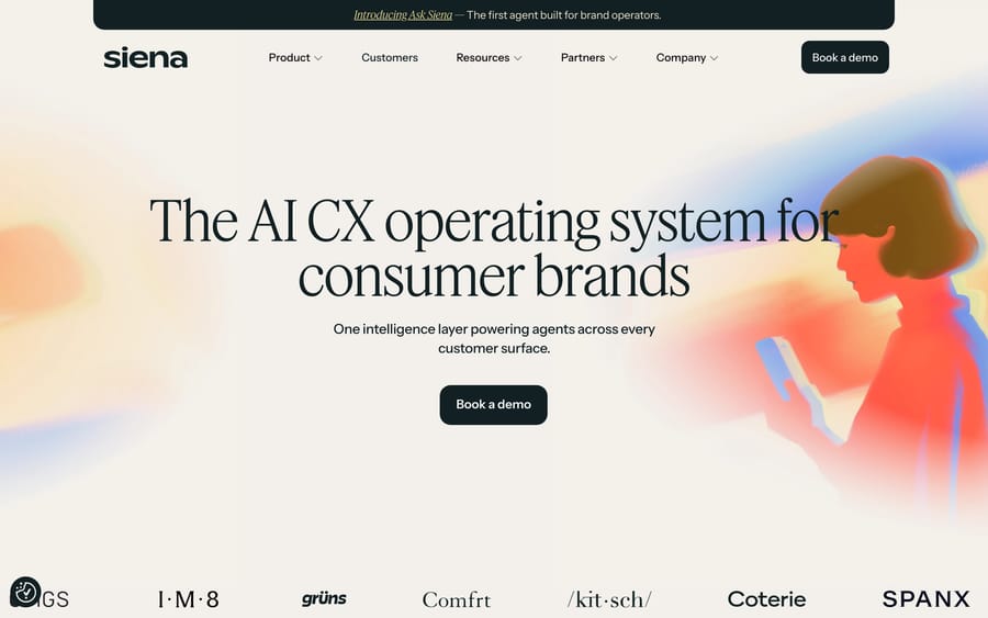 Siena AI's homepage, positioned as "the AI CX operating system for consumer brands."