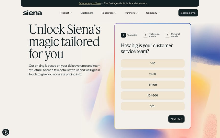 Siena's pricing page opens with a three-step quiz (team size, tickets per month, personal details) before quoting a number.