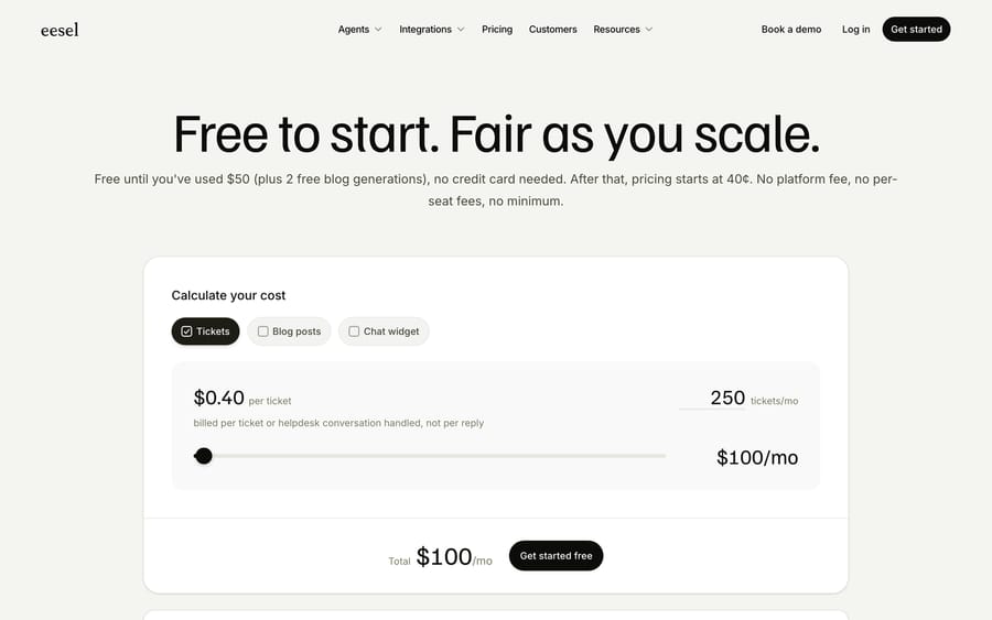 eesel AI pricing page showing its cost calculator at $0.40 per ticket.