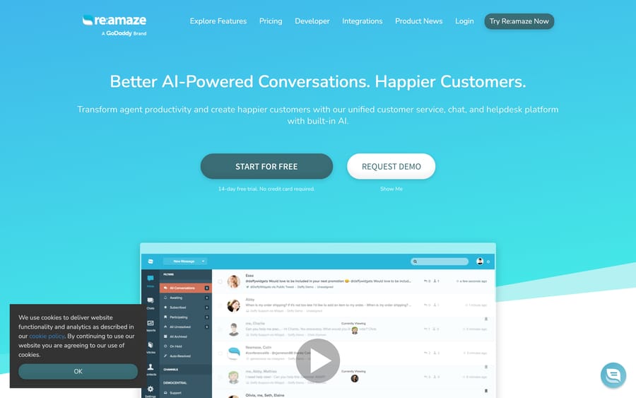 Re:amaze's homepage, labeled "A GoDaddy Brand" under the logo