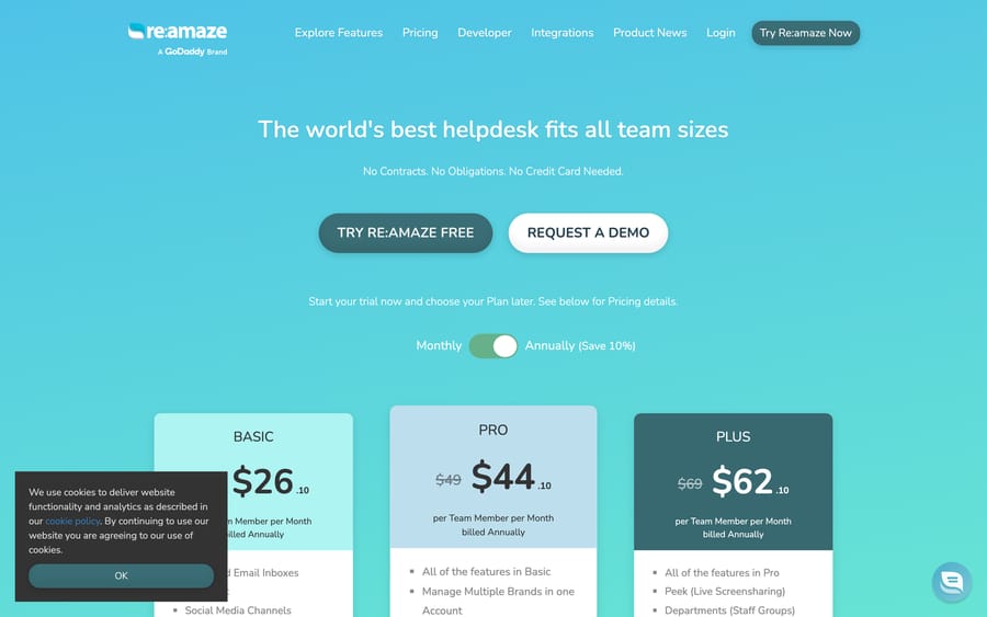 Re:amaze's pricing page, showing Basic, Pro, and Plus tiers with annual billing toggled on.