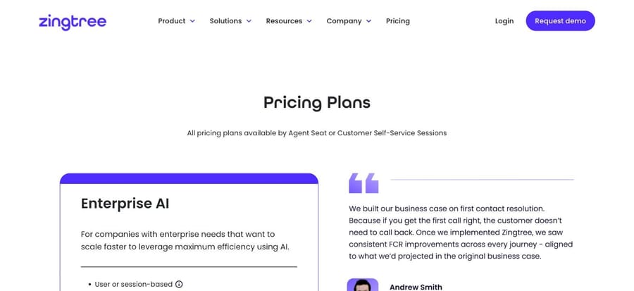 Zingtree's live pricing page, showing a single "Enterprise AI" plan with a custom quote rather than published tiers.