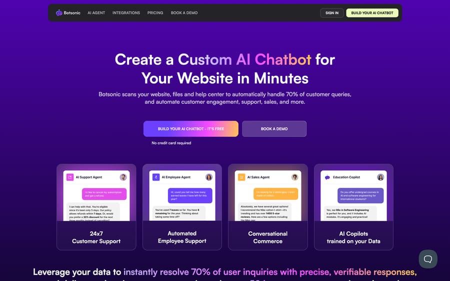Botsonic's homepage, pitching an AI agent that resolves customer questions from a company's own content.