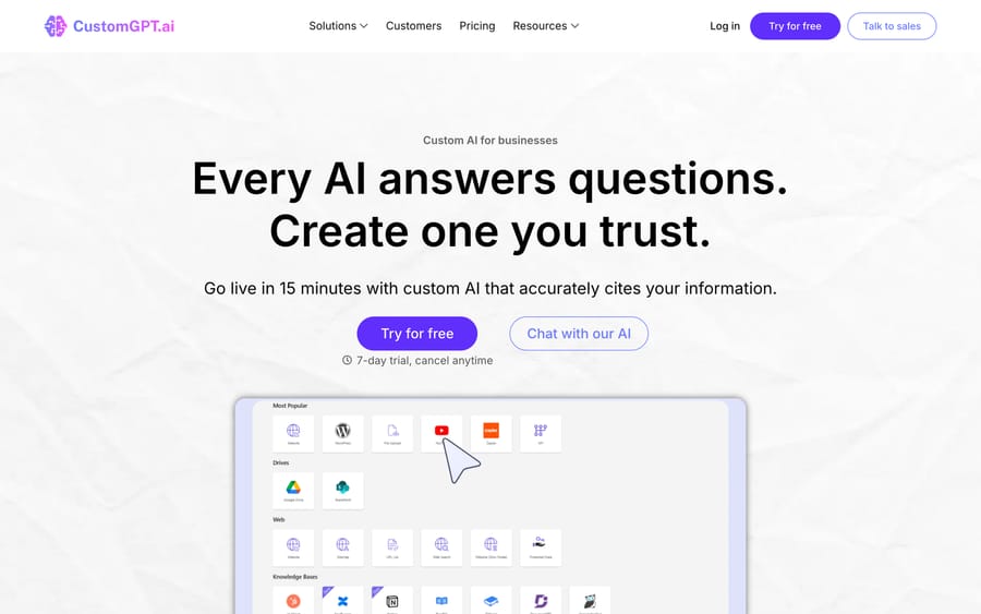 CustomGPT.ai homepage headline: "Every AI answers questions. Create one you trust," with its source-connector grid below.