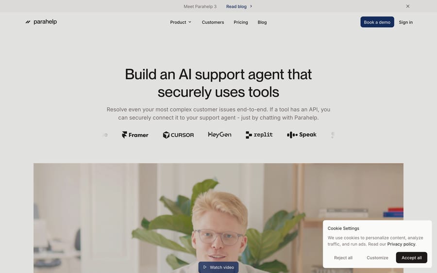 Parahelp's homepage, pitching an AI support agent that securely uses your existing tools.