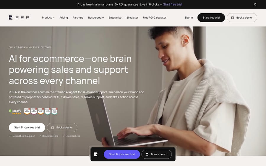 Rep AI homepage headline for its combined sales-and-support "one AI brain."