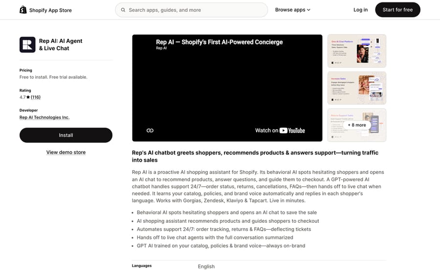 Rep AI's Shopify App Store listing page with its star rating and pricing summary.
