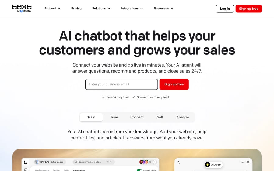 ChatBot.com homepage, branded "Text by ChatBot," pitching AI chat and sales via a Train/Tune/Connect/Sell/Analyze tab bar.