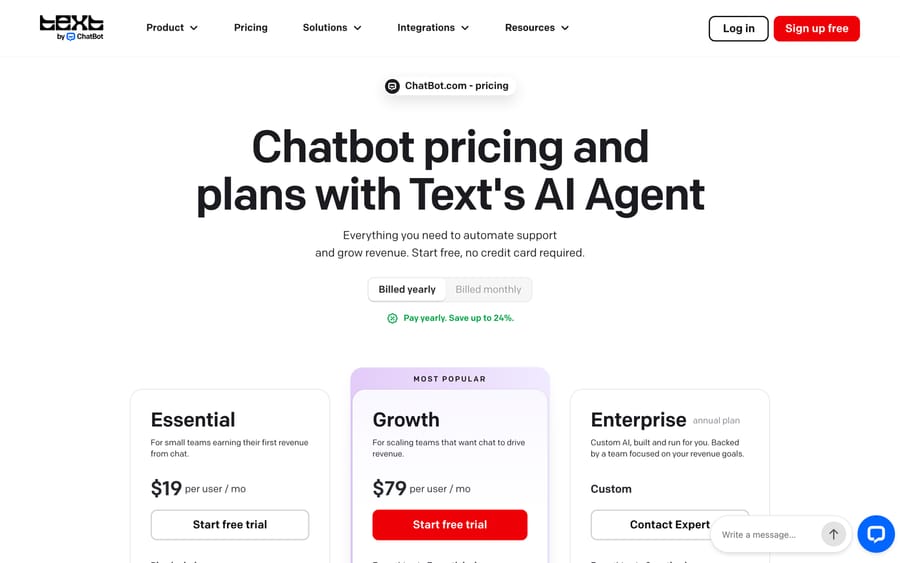 ChatBot.com pricing: Essential $19/user/mo, Growth $79/user/mo (Most Popular), Enterprise custom, billed yearly.