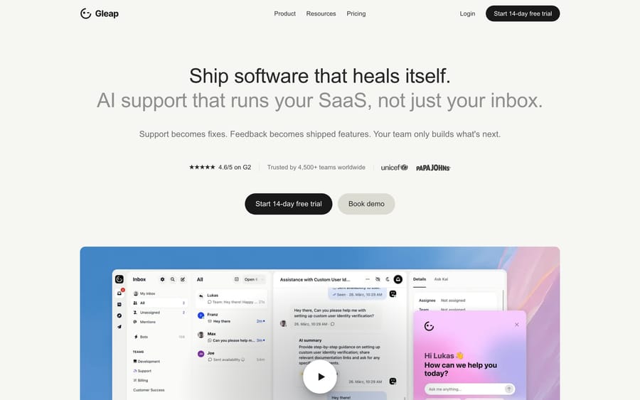 Gleap's homepage, describing itself as an AI support and self-healing software platform.