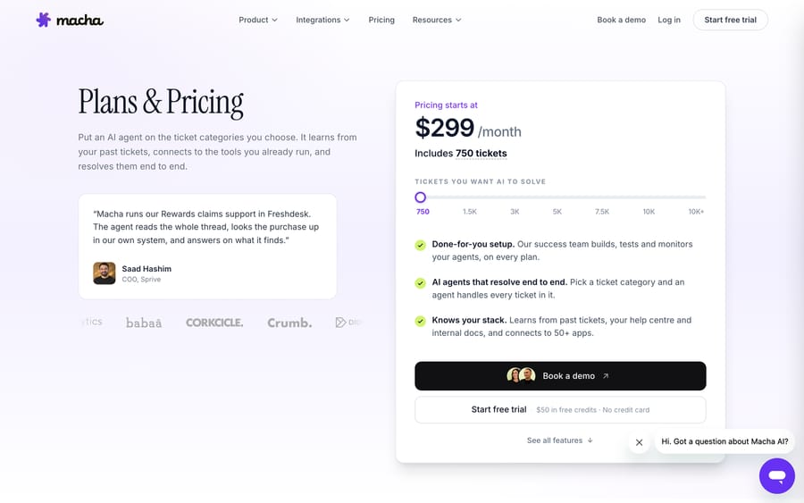 Macha's pricing page: one plan priced on ticket volume, from $299/month for 750 tickets, with a slider for more
