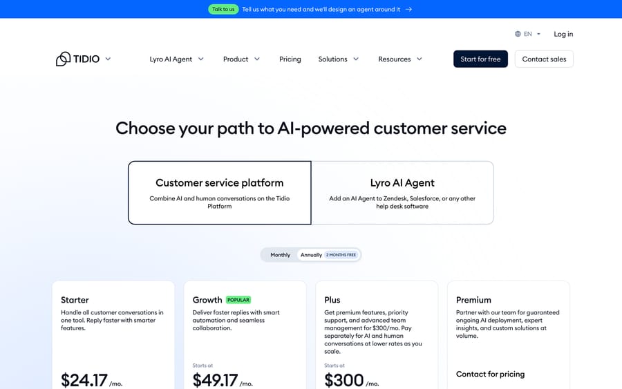 Tidio's pricing page