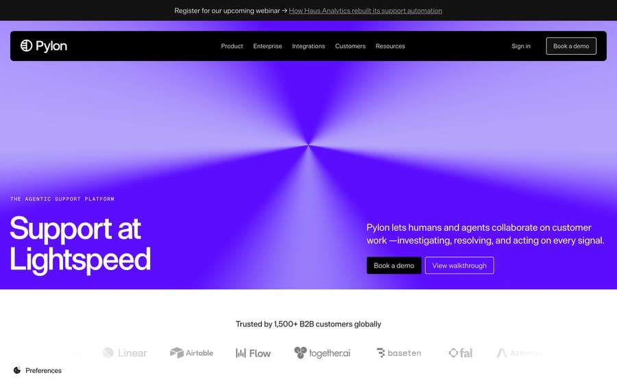 Pylon's homepage, positioned as "the agentic support platform," citing 1,500+ B2B customers globally.