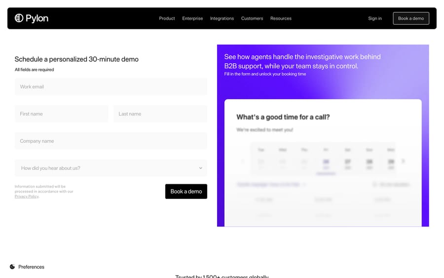 The URL usepylon.com/pricing renders a "Schedule a personalized 30-minute demo" form rather than a price list.