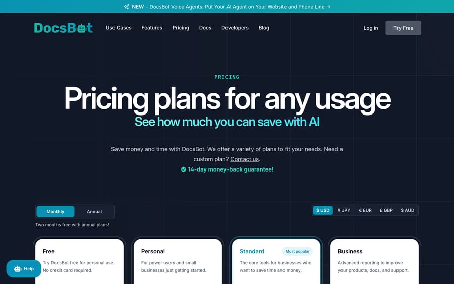 DocsBot's live pricing page, showing Free, Personal, Standard ("Most popular"), and Business tiers.