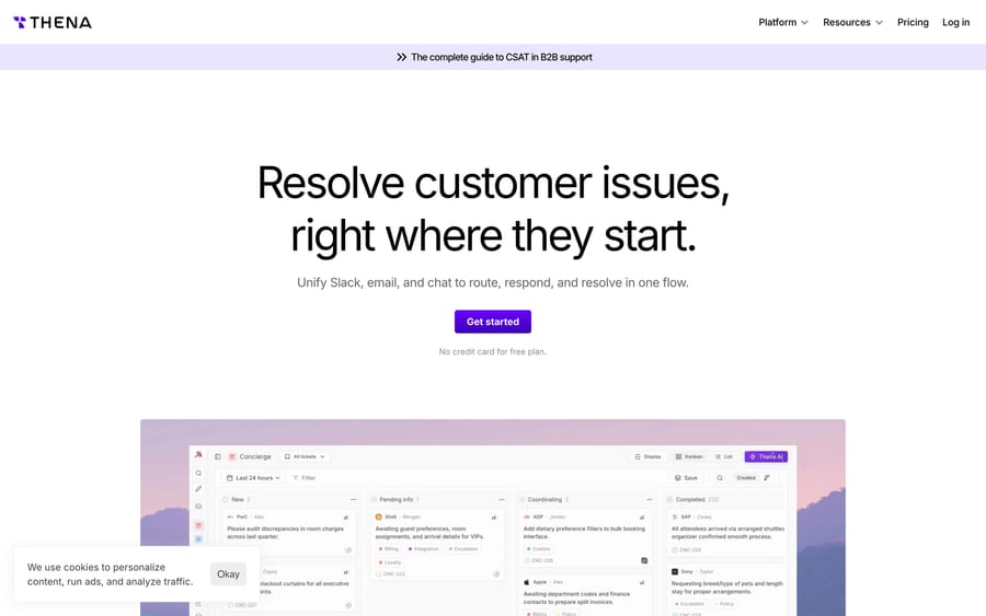 Thena's homepage, headlined "Resolve customer issues, right where they start."