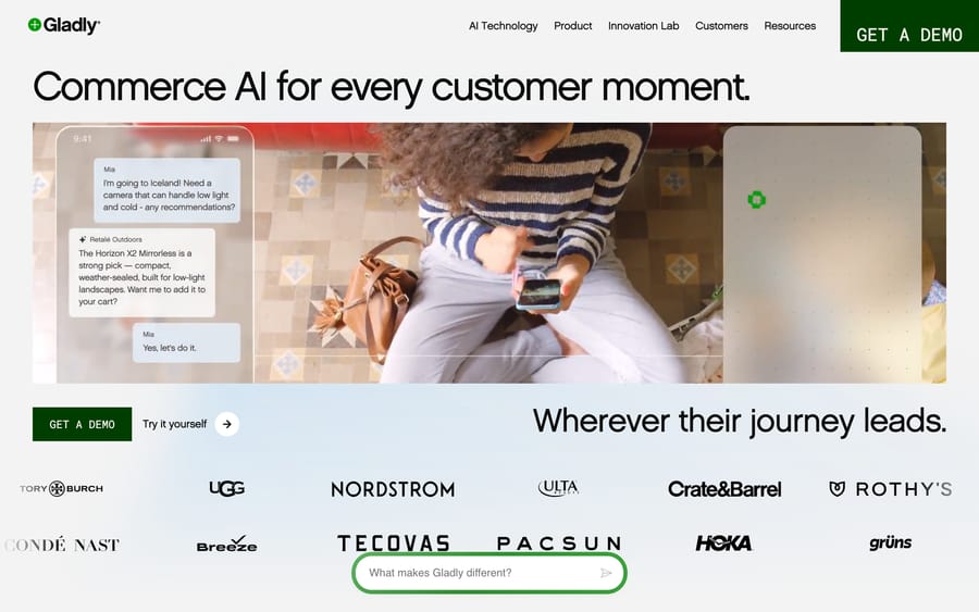Gladly homepage, "Commerce AI for every customer moment," with an in-chat product recommendation and add-to-cart.