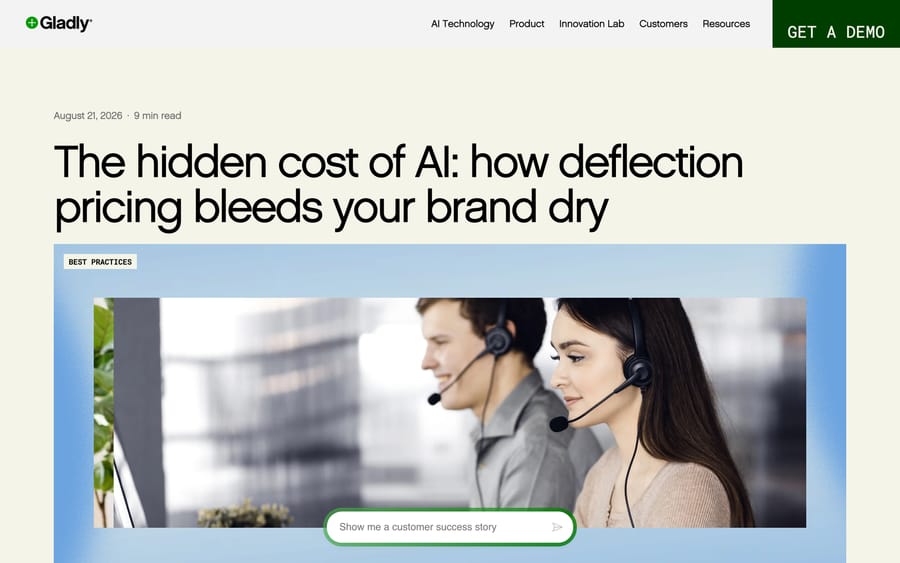 Gladly's blog post making its case against resolution-only AI pricing ("deflection pricing bleeds your brand dry").