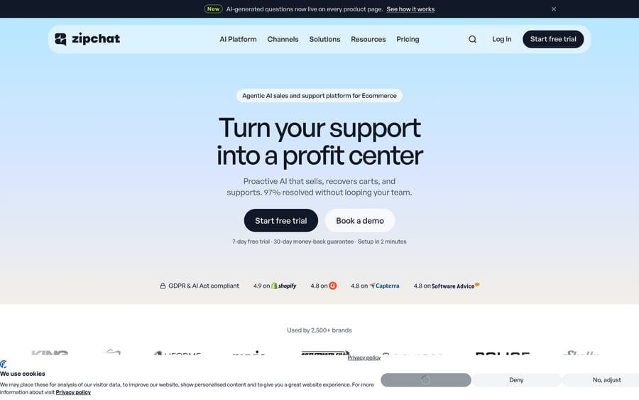 Zipchat homepage positioning it as an agentic AI sales and support platform for ecommerce.