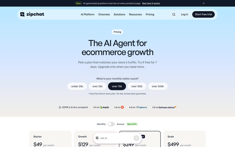Zipchat pricing page showing its four paid plan tiers and monthly prices.
