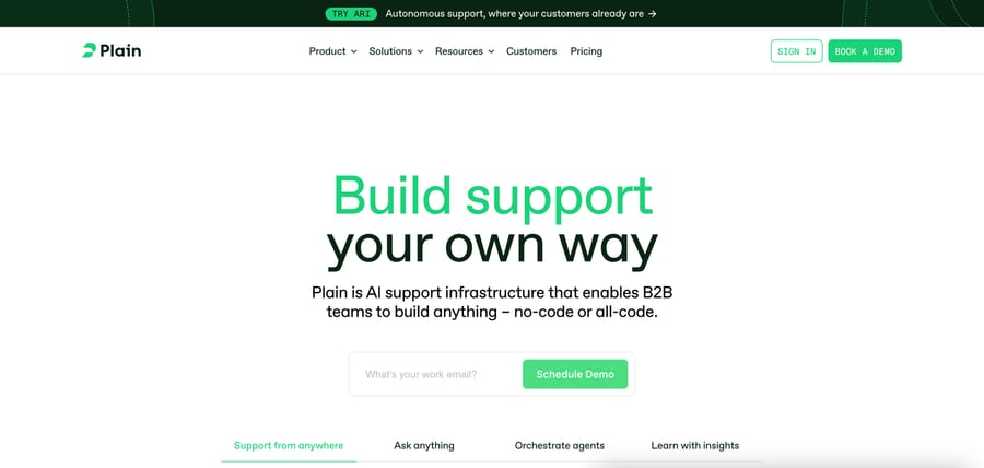 Plain's homepage, describing itself as the AI support stack built for B2B teams.