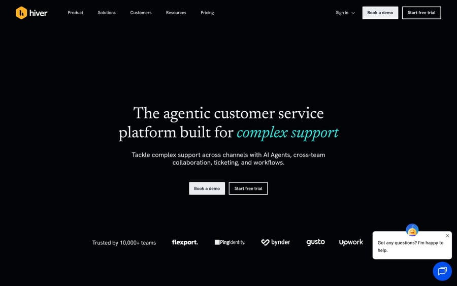 Hiver homepage positioned as "the agentic customer service platform built for complex support."
