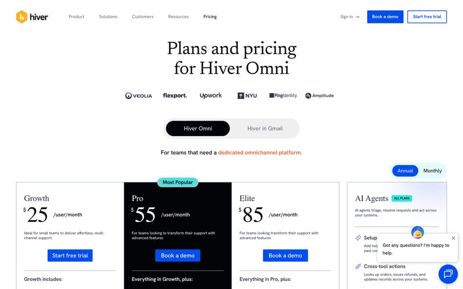 Hiver's pricing page showing Growth at $25, Pro at $55, and Elite at $85 per user/month, with AI Agents labeled "ALL PLANS."