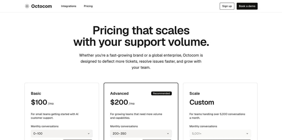 Octocom's pricing page, showing Basic and Advanced flat-priced tiers and custom Scale pricing above 5,000 conversations.